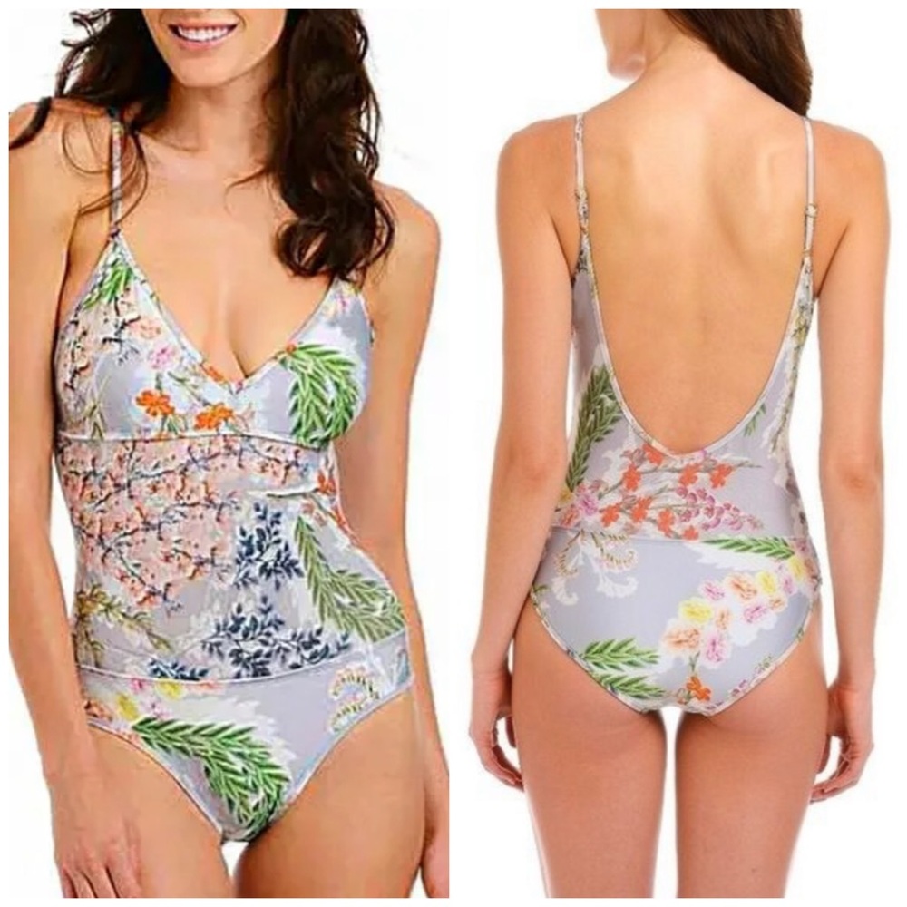 RACHEL Rachel Roy Floral Mesh Inset Deep V One Piece Swimsuit